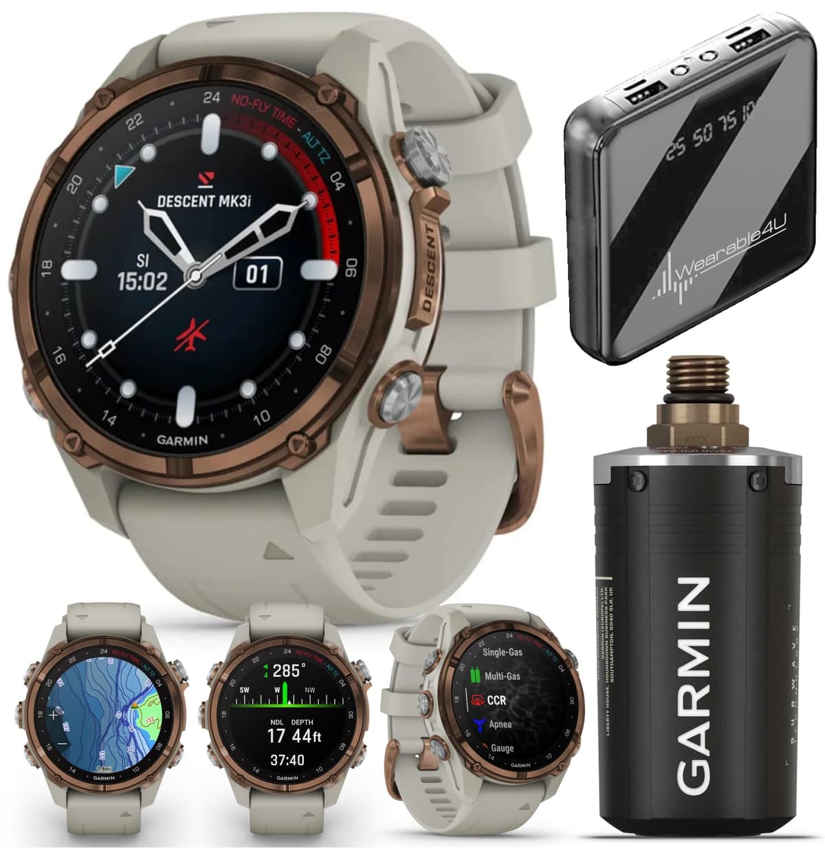 Wearable4U Garmin Descent Mk3 y Mk3i 51 mm y 43 mm con T2 Transceiver: Computadora de Buceo de Titanio + Correa Extra Larga | Batería hasta 25 días, Pantalla AMOLED, GPS Smartwatch Pack Regalo (010-02753-13)