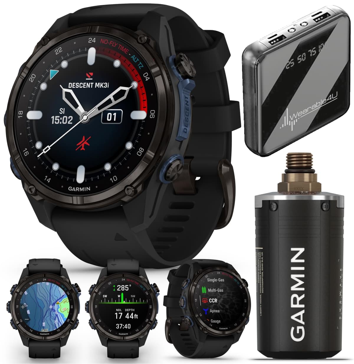 Wearable4U Garmin Descent Mk3i 43 mm con Transceptor T2: Computadora de Buceo de Titanio + Correa Extra Larga | Hasta 25 Días de Batería, Pantalla AMOLED, GPS Smartwatch Bundle (010-02753-10)