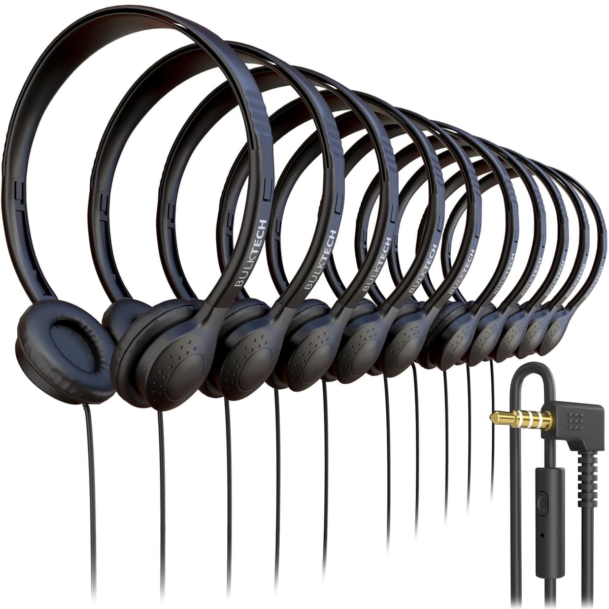 Bulktech XQ8BWD Audífonos On-Ear con Micrófono, Conector 3.5 mm, Cuero, Alámbricos, Pack x1000, Negro