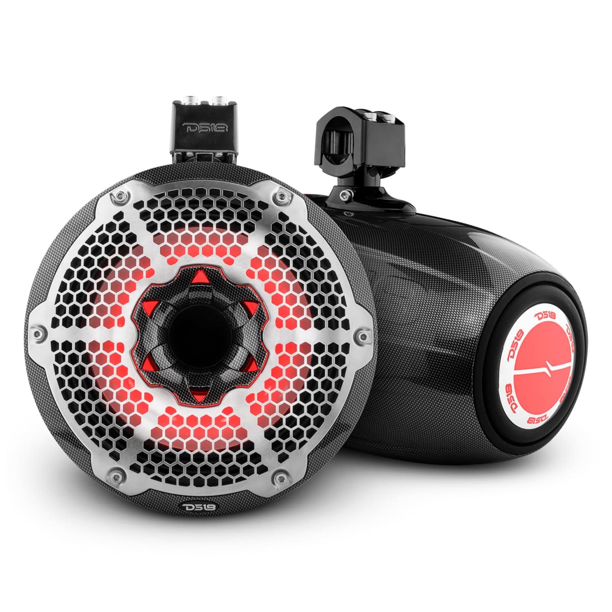 DS18 CF-X10TPNEO Parlantes Marinos Torre Wakeboard 10" Neodimio con Tweeter Bullet, Radiador Pasivo y Luces RGB LED, Alto Rendimiento, Grado Marino IP65, 900W Máx 300W RMS 4 Ohms (Par)