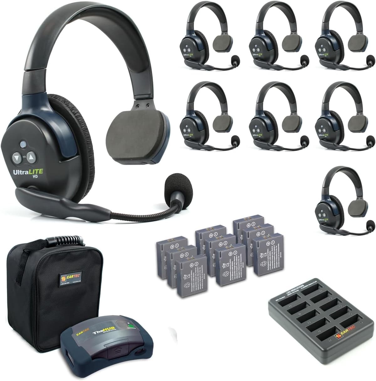EARTEC Ultralite-HD HUB8S Intercom Inalámbrico Full Dúplex para 8 Personas, Auriculares Mono, Alcance hasta 300 m, Sistema de Comunicación con Manos Libres, Empresa de EE. UU.