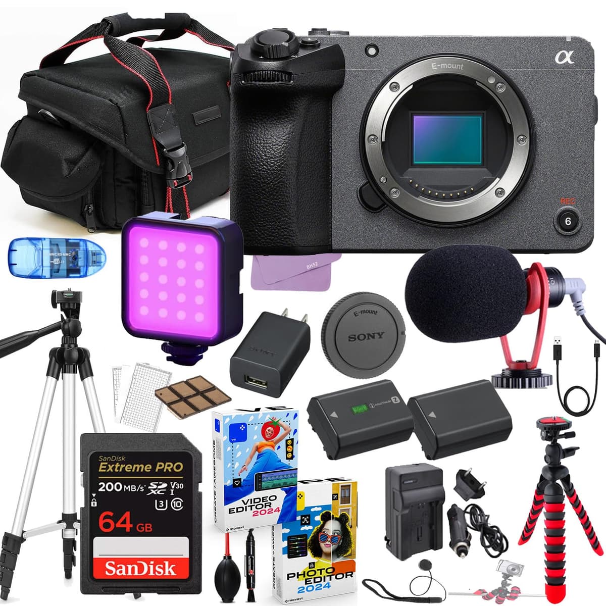 Sony FX30 Cámara de Cine Digital Solo Cuerpo Bundle + Paquete de Accesorios Premium con Memoria 64GB Extreme, Estuche, Micrófono, Luz LED, Software Foto-Video y más (24 piezas) BH52-SYFX30BODY-31725