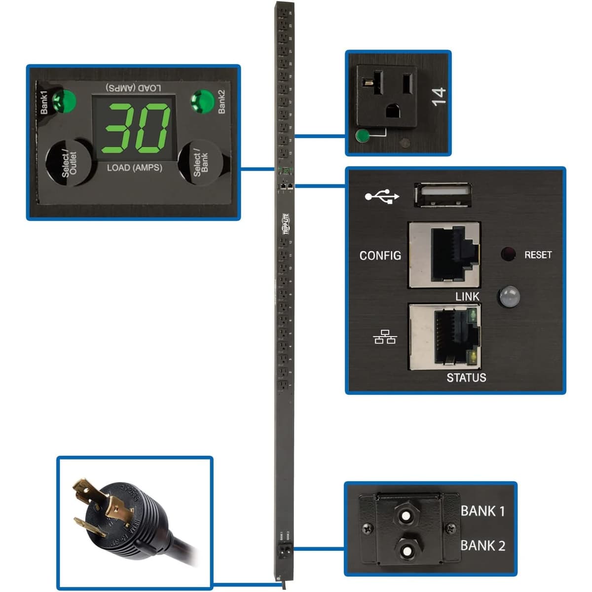 Tripp Lite PDUNVR30LX PDU Monitoreado con Interfaz de Red, Monitoreo por Toma, 2.9 kW Monofásico, Montaje Vertical 0U, 24 Tomas 5-15/20R 120V, Entrada L5-30P, Cable 10 ft, TAA
