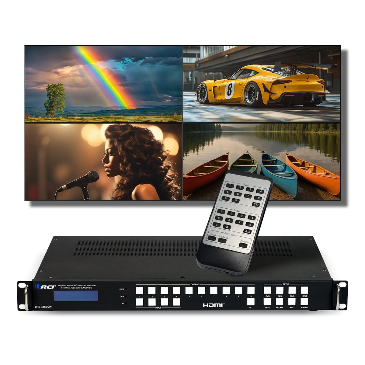 OREI UHD-416MVW Controlador Matriz HDMI 4K 4x16 Video Wall Procesador Multiviewer Display hasta 4K 60Hz 4x4 2x1 1x2 1x3 1x4 con Rotación 180° y Extracción de Audio 2X2 Video Wall Controller