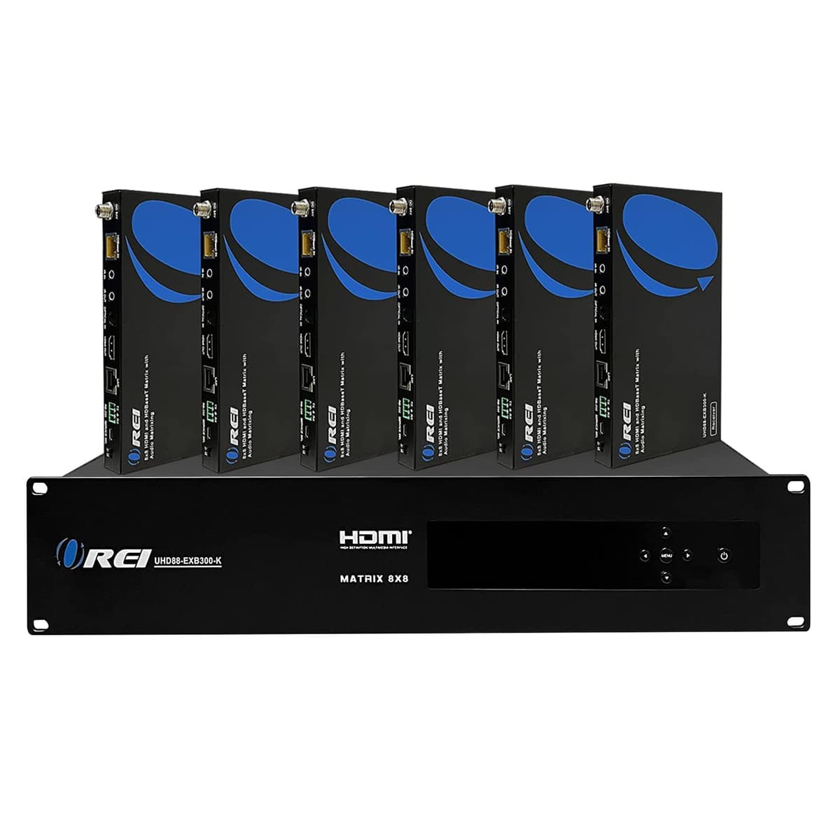 OREI UHD88-EXB400-K Matriz HDMI 8x8 4K 60Hz 4:4:4 HDBaseT - Extensor por cable CAT5e/6/7 hasta 120 m con HDR, CEC, IR, RS-232 - 8 salidas loop adicionales - Incluye 8 receptores