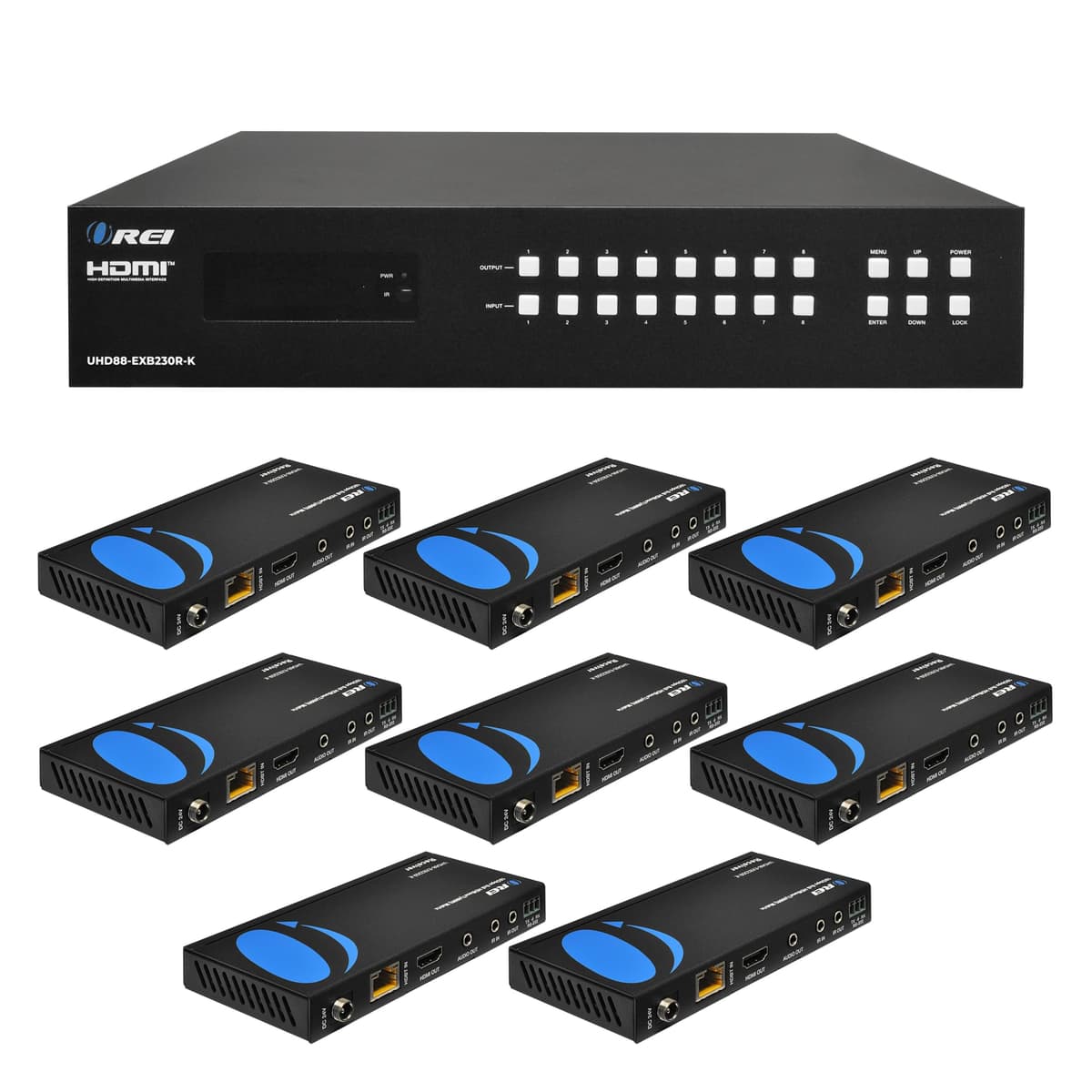 OREI UHD88-EXB230R-K Matriz HDMI 4K 8x8 Extender HDBaseT 4K@60Hz por cable CAT6/7 con HDR, CEC y control IR, RS-232, hasta 230 ft, Loop Out, incluye 8 receptores