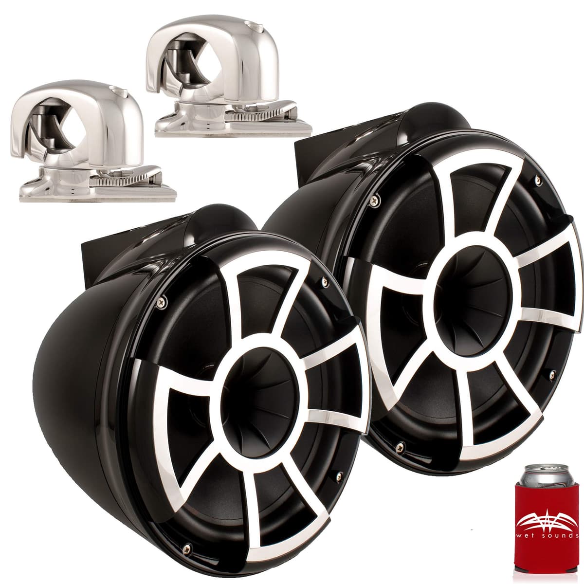 Wet Sounds REV10-B + ADPTC3-SMINI Parlantes Torre 10" Negros con Abrazaderas Mini Giratorias para Tubo de 1" a 1-7/8" | Parlantes Marinos de Alta Potencia