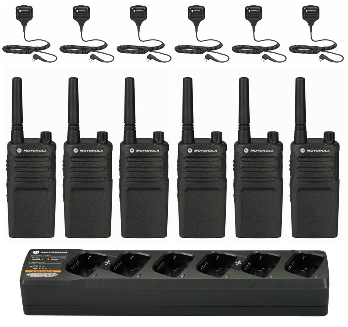 Motorola Solutions RMM2050 Radio de Dos Vías On-Site 6 Unidades + Cargador Multibase 6 Puertos + 6 Micrófonos Remotos HKLN4606 - Paquete con Micrófonos Bundle