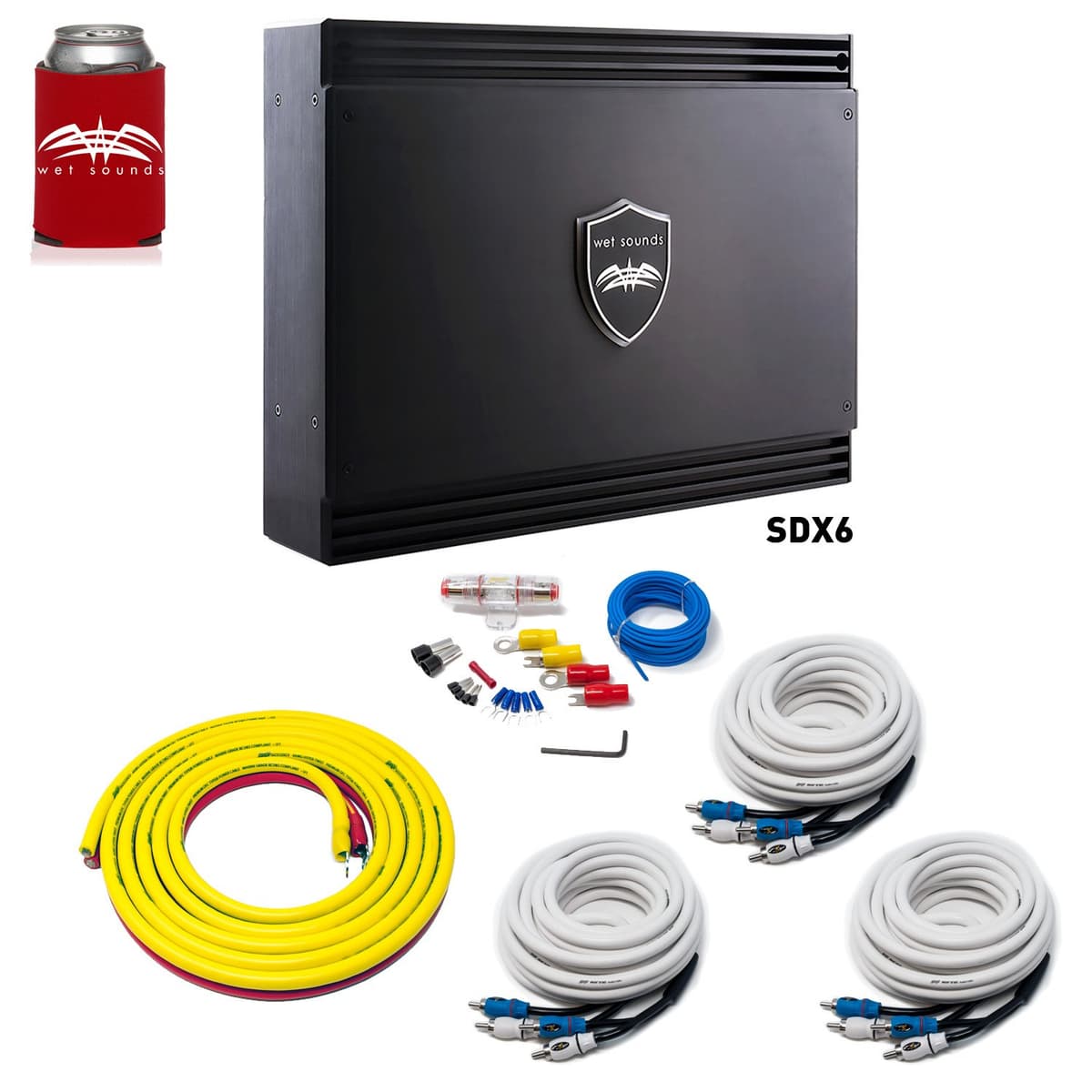 Wet Sounds Sinister SDX6 Amplificador 6 Canales + Kit de Cableado Amplificador 4 AWG 3 Metros con RCAs Stinger para Marina/Naval SDX6+6CHREARMARINEWIREKIT