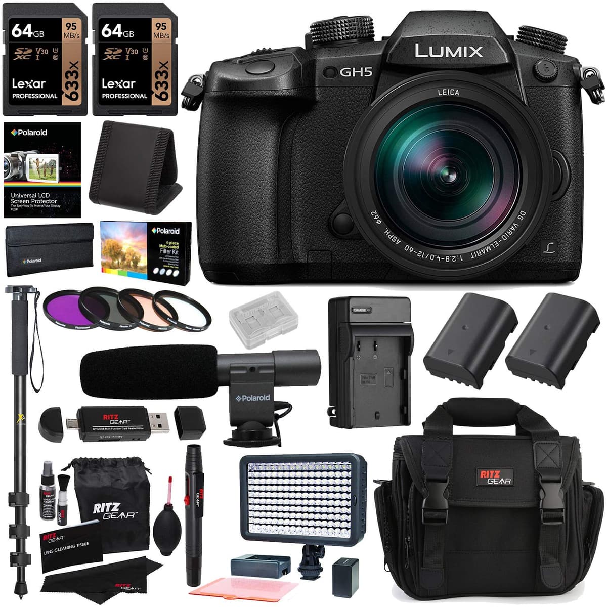 Ritz Camera Panasonic Lumix GH5 DC-GH5LK Cámara Mirrorless con Lente 12-60mm, 2x Tarjetas de 64GB, 2x Baterías Extra, Luz LED Profesional de Video, Kit de Accesorios GH5K1260L