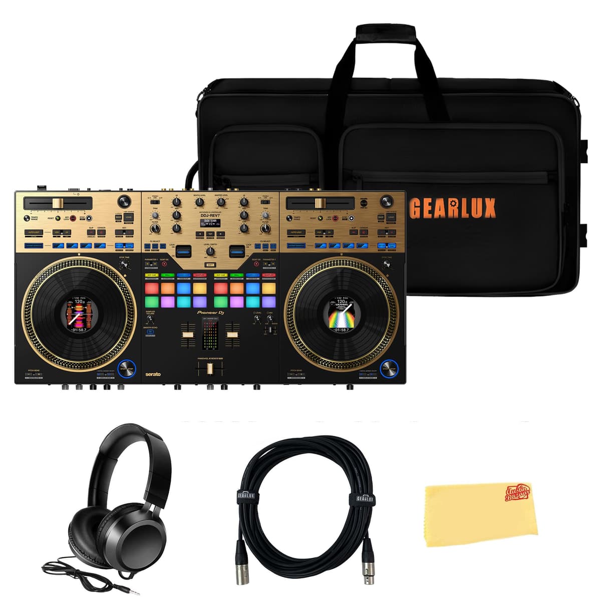 Pioneer DDJ-REV7-N Controlador DJ profesional de 2 canales estilo scratch - Edición dorada con estuche, audífonos, cable XLR y paño de pulido Austin Bazaar