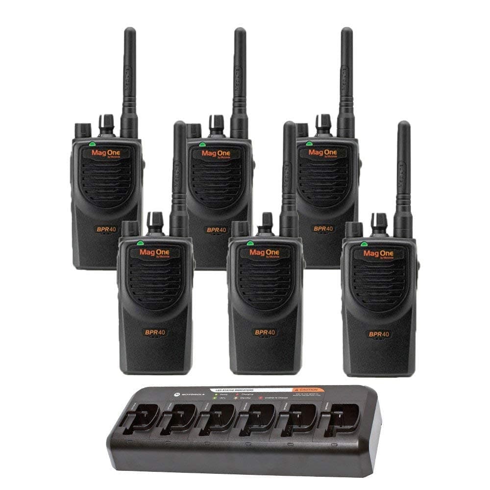 Motorola Mag One BPR40 Pack de 6 Radios Bidireccionales UHF 4W 8 Canales Preprogramados con Cargador Múltiple PMPN4184 de 6 Unidades