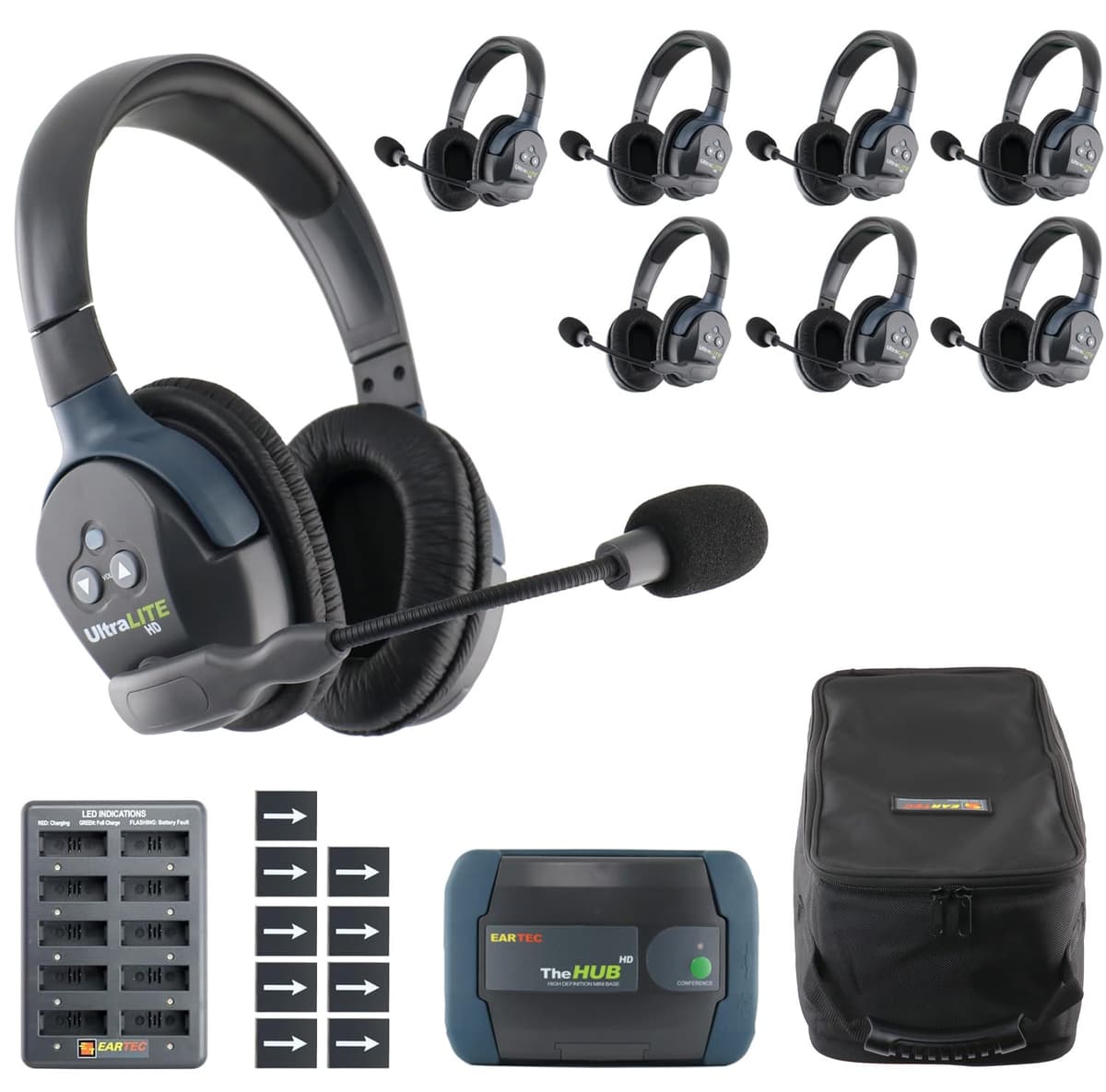 EARTEC HUB8D Ultralite-HD Sistema de Intercomunicador Inalámbrico Full Dúplex para 8 Personas, Diadema Doble, Alcance hasta 300 m, Empresa de EE. UU.