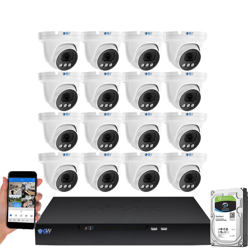 Camstar GW16CH8177MIC16 4K Starlight Color Night Vision AI, Sistema de Cámaras de Seguridad 16 Canales 12MP H.265+ PoE NVR, 16 Cámaras IP Turret 8MP UltraHD con Micrófono, Detección Humano/Auto y Reconocimiento Facial