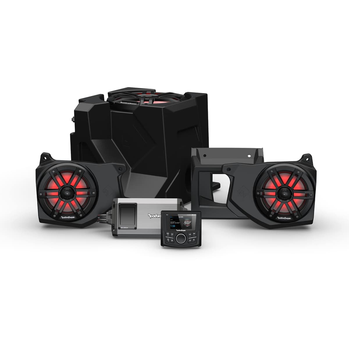 Rockford Fosgate RNGR18-STG3 Kit de Audio PMX-2, Amplificador 800W, Parlantes Frontales y Subwoofer M1 Series Color Optix LED Multicolor para Polaris Ranger 2018-2022