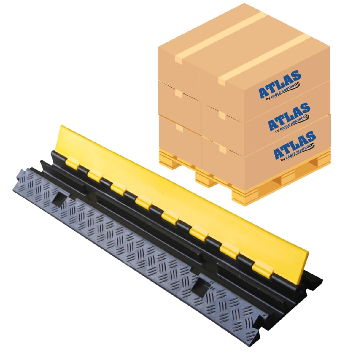 Kable Kontrol Atlas CP9987 Protector de Cables Pesado 2 Canales - Rampa Pasacables Negro/Amarillo 40” - Capacidad 24,000 lbs - Lote Mayorista 40 Piezas - Cubierta para Cables/Alambres Tipo Tope de Velocidad de Goma
