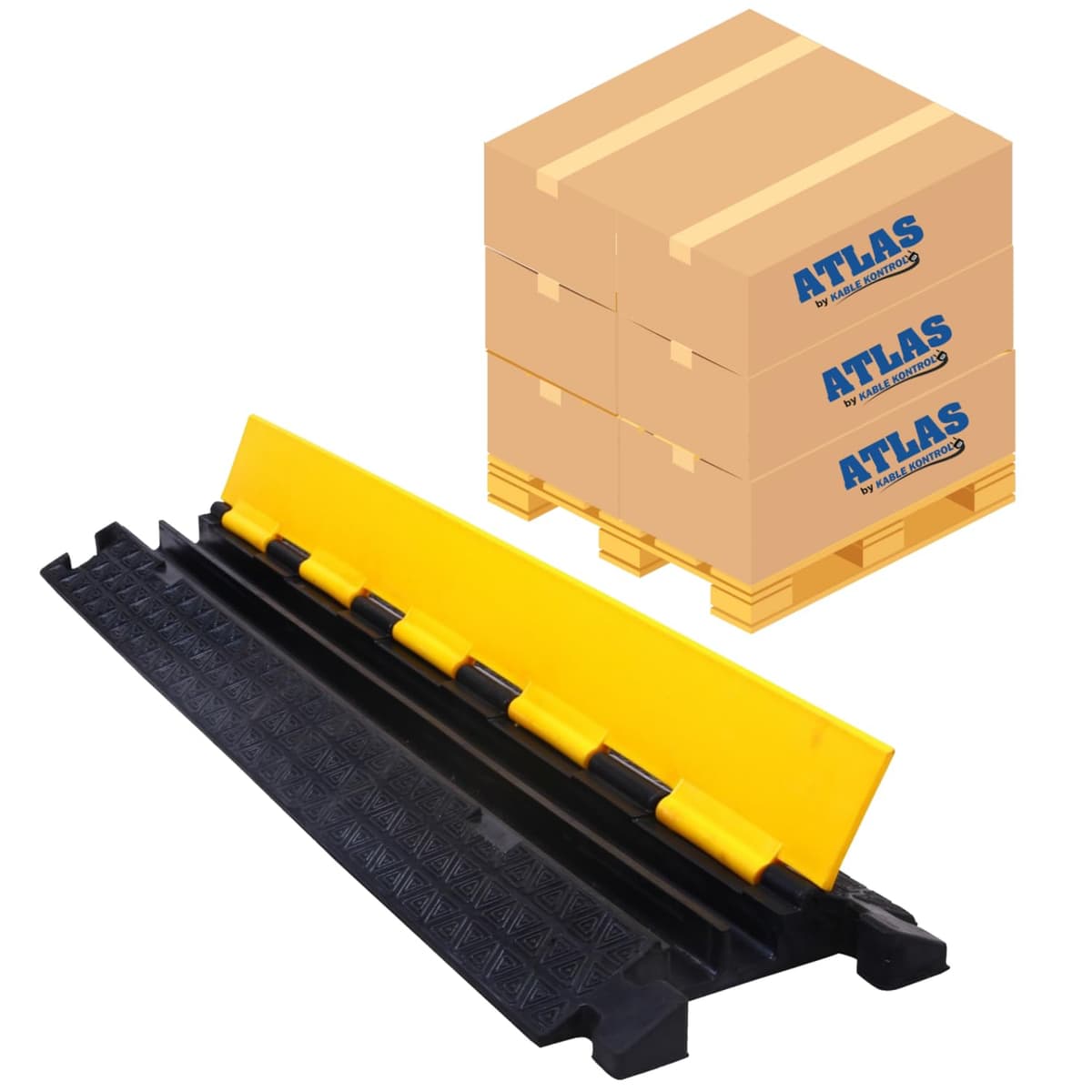 Kable Kontrol Atlas CP9972 Protector de Cables 2 Canales a Granel Pallet 60 Piezas 39" Negro y Amarillo Capacidad 20,000 lb Cubierta de Cordones Resalte de Goma para Tráfico y Peatones