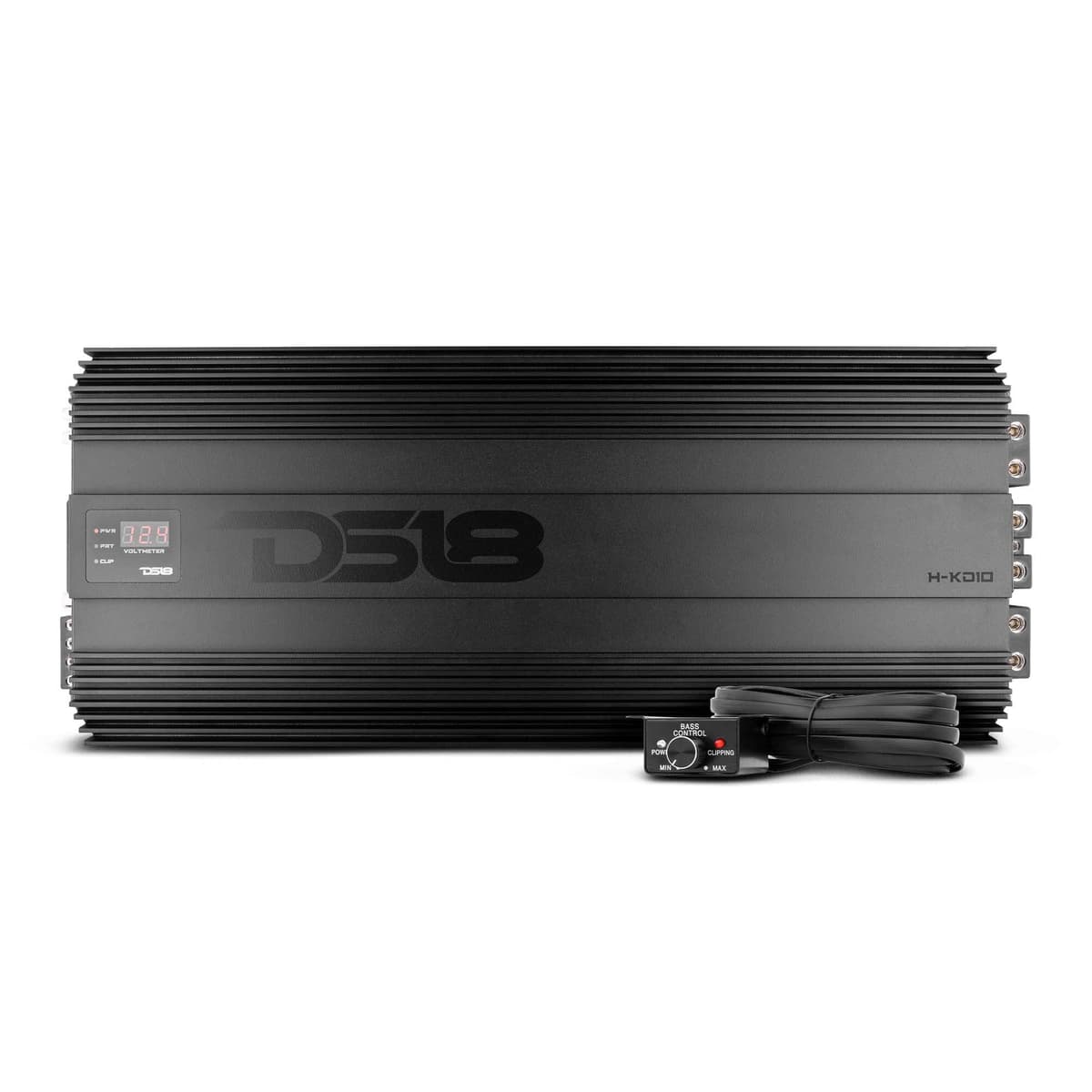 DS18 H-KO10 Amplificador Monoblock 1-Canal Half Bridge Coreano para Auto con Voltímetro e Indicador de Clip, 10000W RMS, Perilla de BASS Remota Incluida