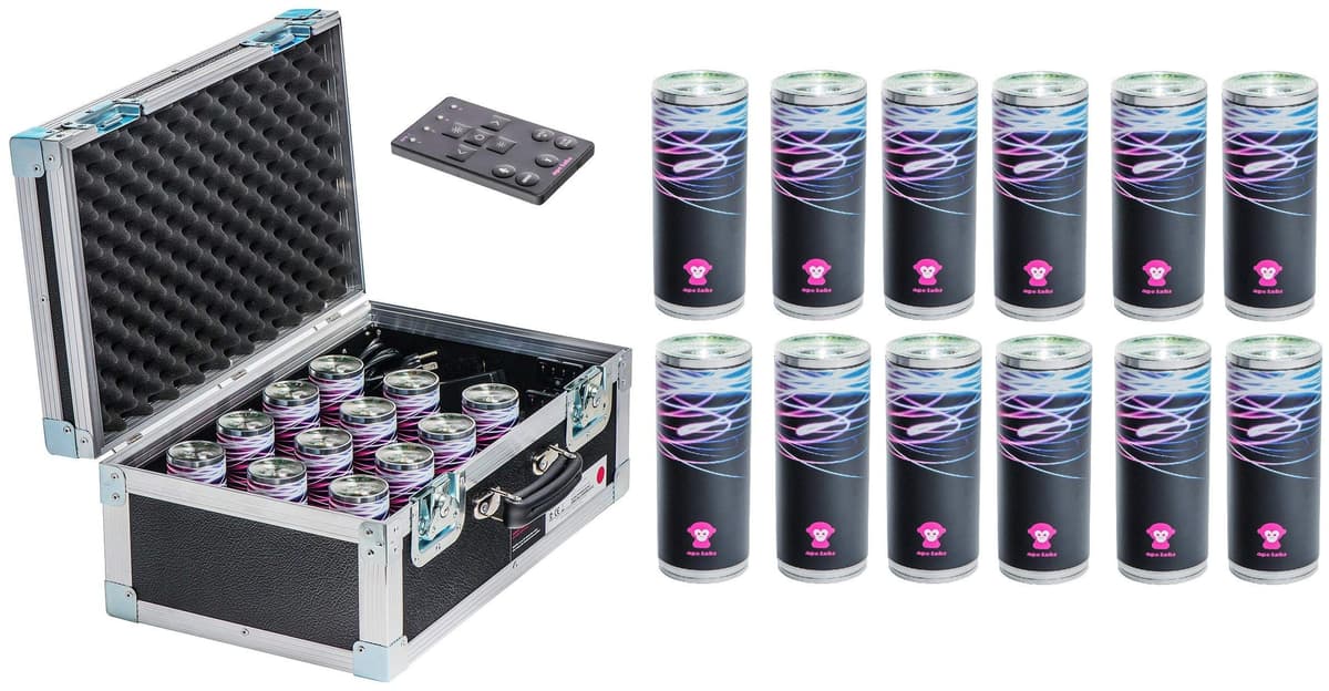 Ape Labs LightCan SE TourPack (12 pcs) - Luz de Efectos Profesional, Uplight Único, a Batería con DMX Inalámbrico y Modo Música, Paquete de Iluminación con Maleta de Carga - Fabricado en Alemania
