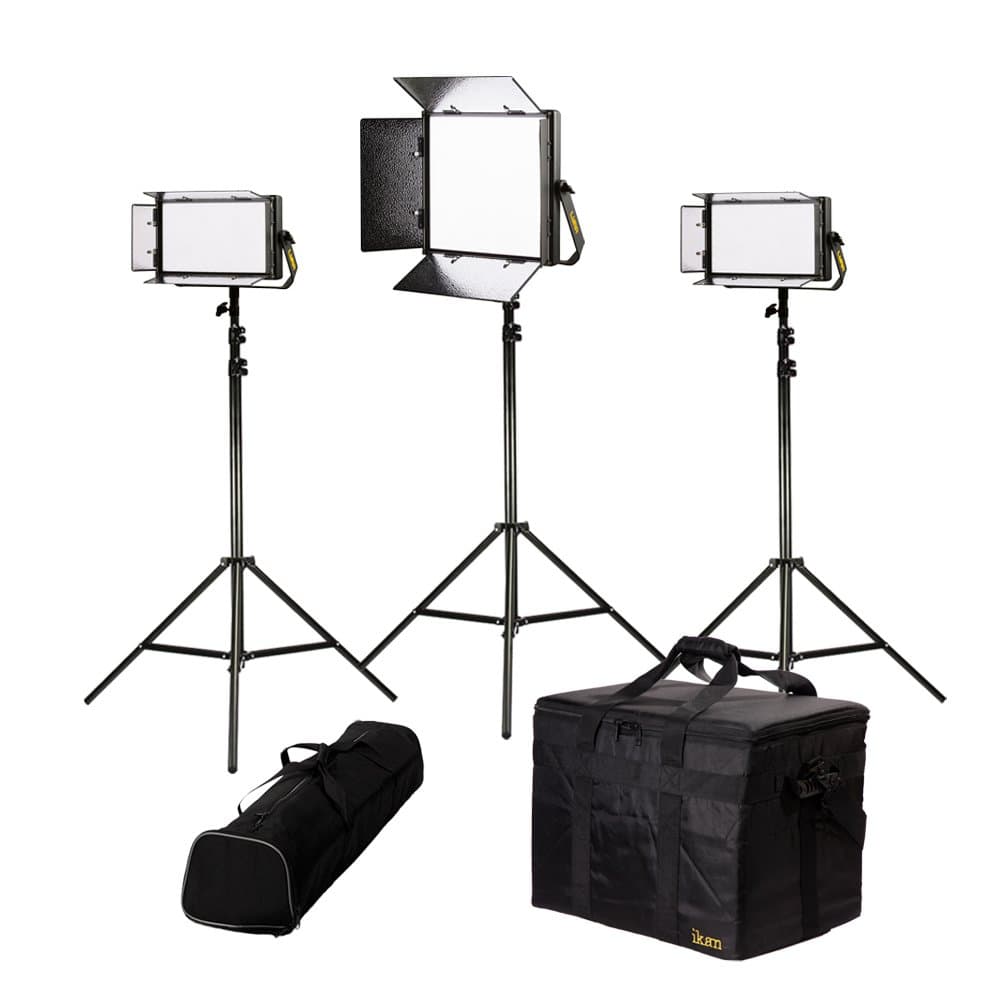 Ikan Lyra LB-1F2H Kit de Iluminación LED Bicolor 3200K-5600K Suave 1x1 y 1/2 Estudio y Campo con Puertas de Granero, Trípodes y Estuche - Negro