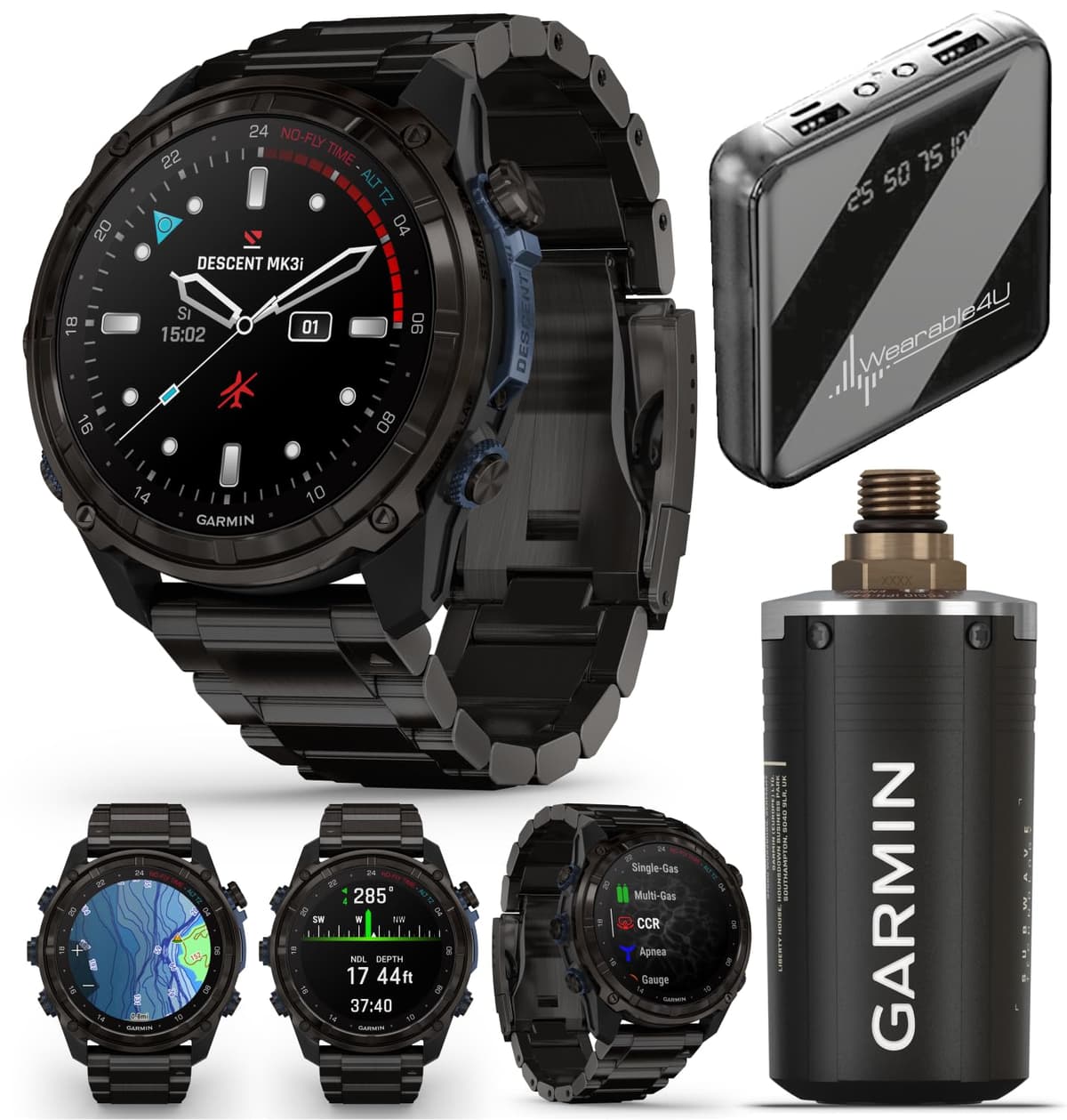 Wearable4U Descent Mk3 y Mk3i 51 mm y 43 mm con T2 Transceiver: Computadora de Buceo de Titanio | Batería hasta 25 días, Pantalla AMOLED, GPS Smartwatch y Bundle de Regalo (010-02752-13) Descent Mk3i 51 mm