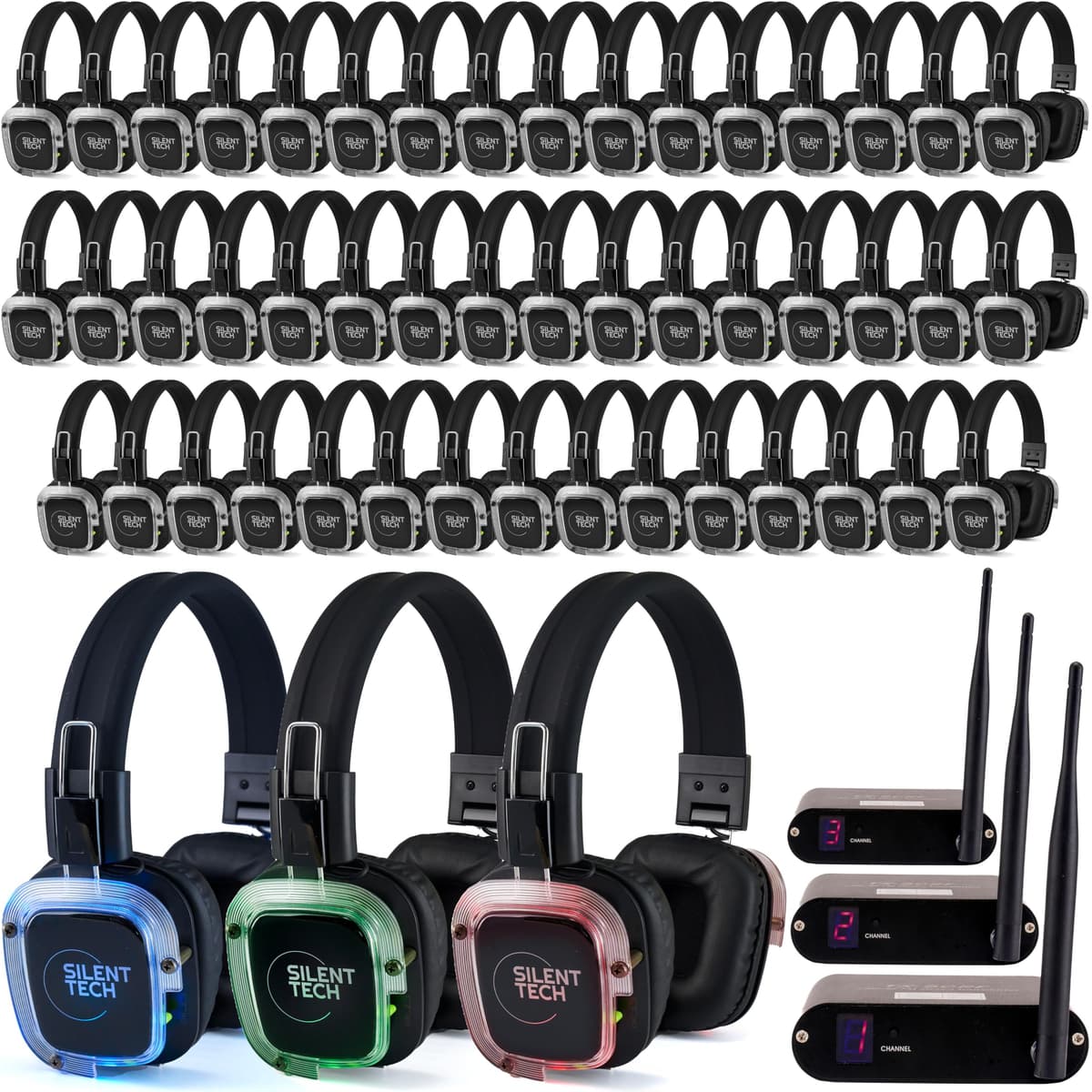 Silent Tech Silent Disco 50H3T Auriculares Inalámbricos LED, 3 Canales, Sistema Silent Disco, Plug & Play para Smartphone, Notebook y Tablet, Batería 10h, Alcance 500 Yardas, 3 Transmisores