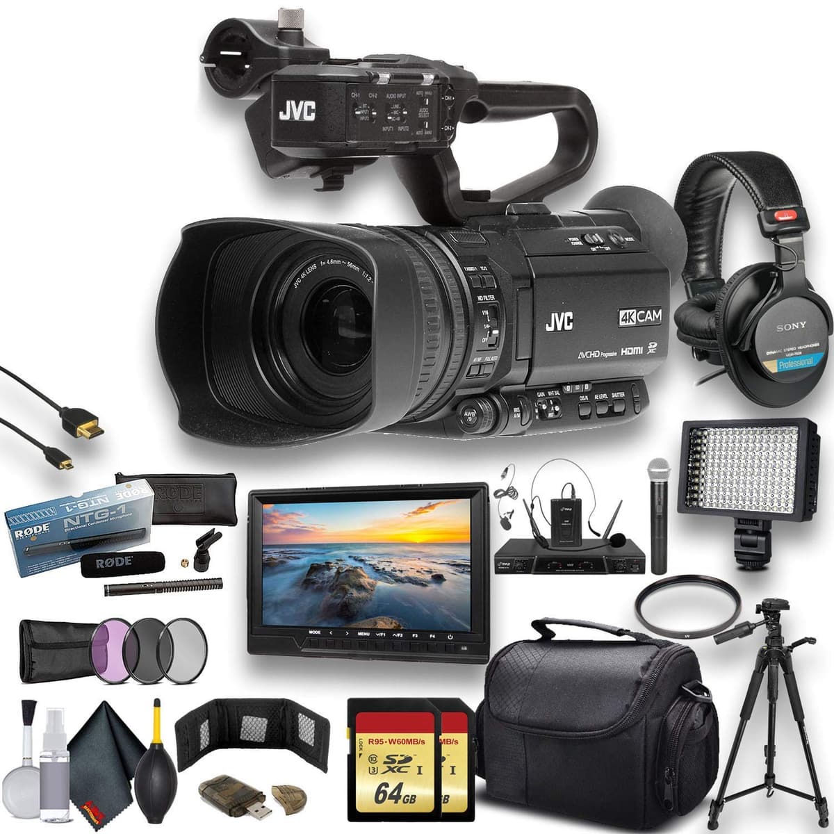 JVC GY-HM250 UHD 4K Videocámara Streaming con 2x64GB, Trípode, Micrófono Rode, Monitor Externo, Audífonos Sony Pro, Estuche, Luz LED y Bundle Premium
