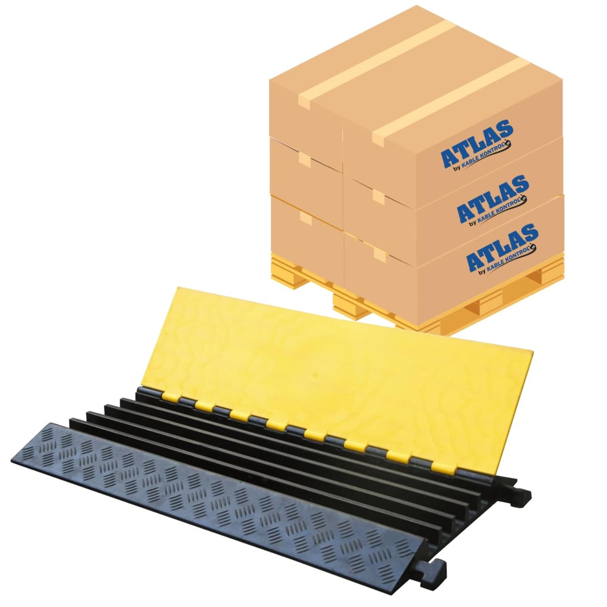 Kable Kontrol Atlas CP9988 Protector de Cables Pesado 5 Canales a Granel Pallet 30 Piezas 36" Negro y Amarillo Capacidad 36,000 lbs Tope/Reductor de Velocidad Cubierta para Cables y Cordoneras de Goma