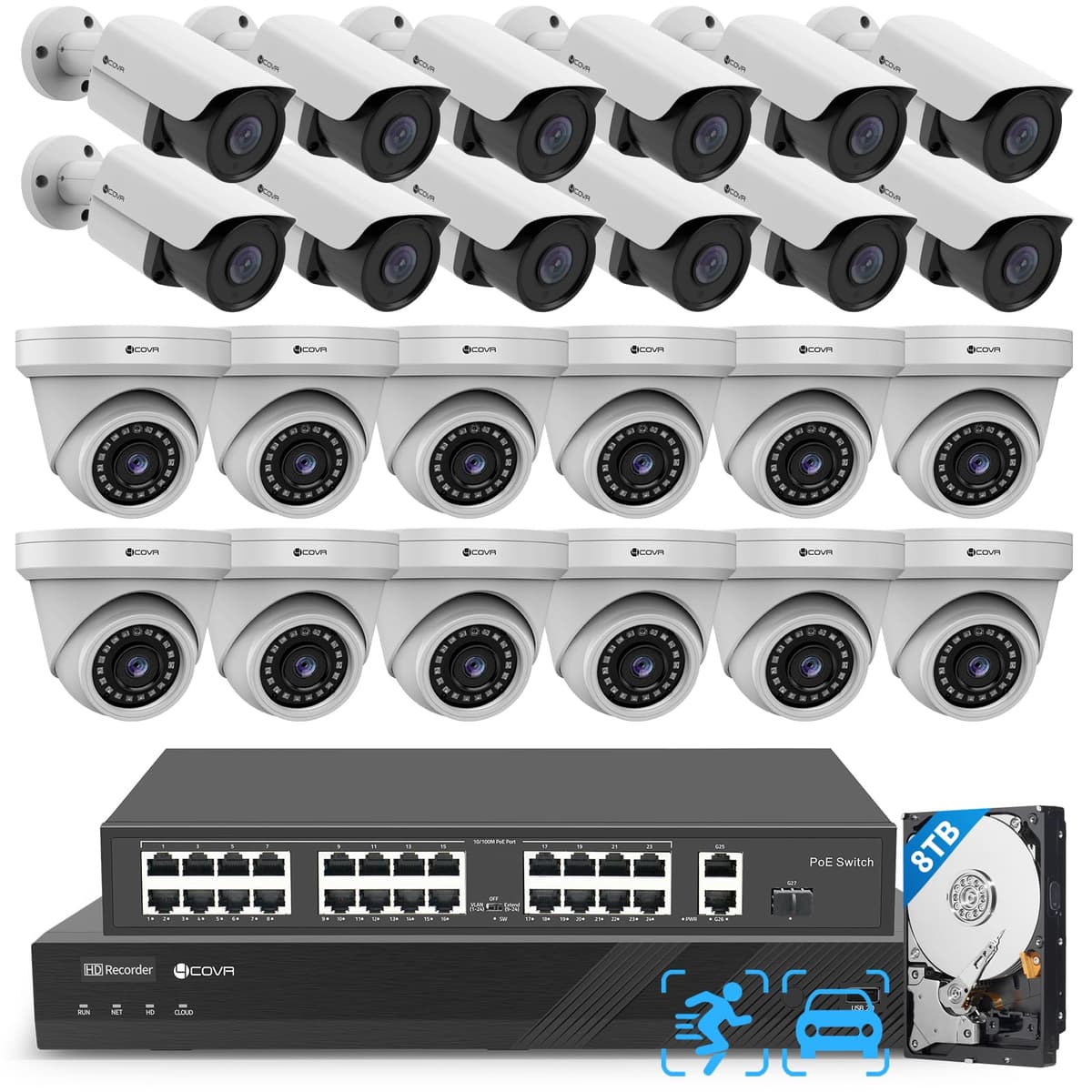 Forcovr LYH37E8M3224 Sistema de Cámaras de Seguridad 4K PoE 32 Canales, Detección Humano/Vehículo, NVR UHD con HDD 8TB, 12 Domo + 12 Bala 8MP, Cámaras IP Comerciales IP67 Visión Nocturna, Vigilancia Empresarial Exterior
