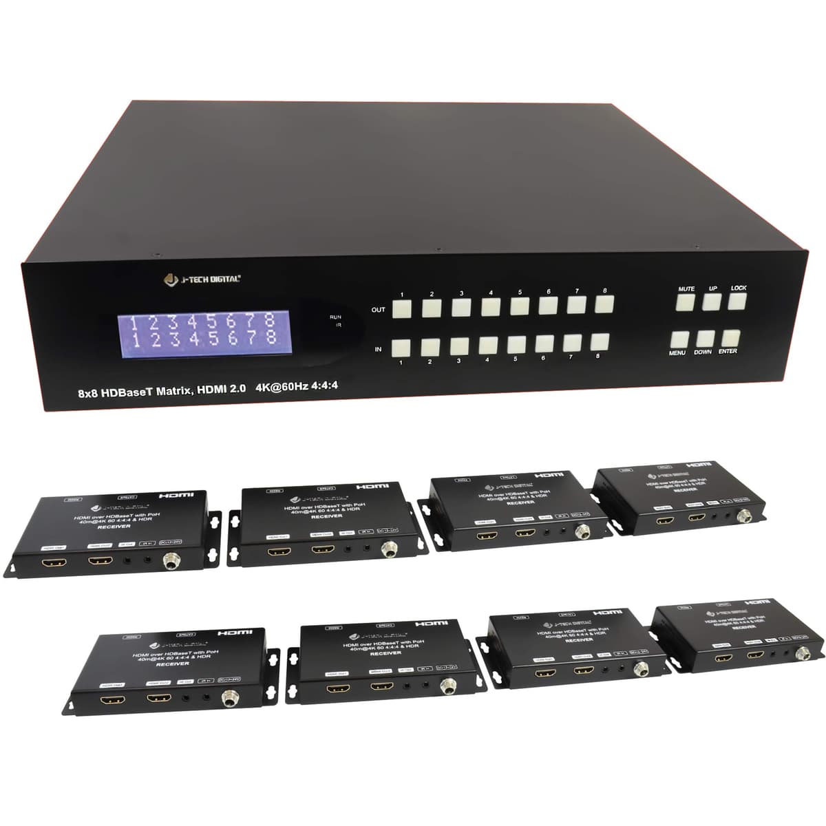 J-Tech Digital JTECH-MX443-UHD Matrix Extender HDMI 8x8 HDBaseT 4K 60Hz YUV 4:4:4 HDCP 2.2 Cat5e/6 70m PoC RS-232 Software PC DTS Dolby PCM con Salidas Loop, App de Control Móvil, Compatible con Control4