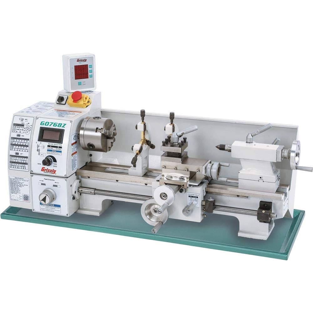 Grizzly Industrial G0768Z torno 8" x 16" velocidad variable con DRO en ejes X/Z, banco compuesto, motor potente, precisión para metal y taller