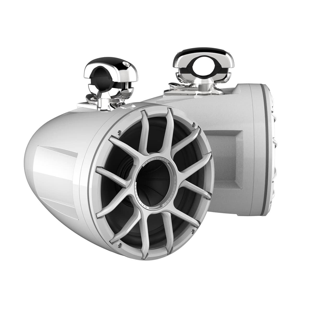 CreativeAudio REV 12 HD Parlantes Torre de Compresión con Bocina de 12" para Barco, 400W RMS, Rejillas XZ, Abrazaderas Mini Giratorias de Acero Inoxidable, Blanco, Par REV12 HD W XZ-SC MINI