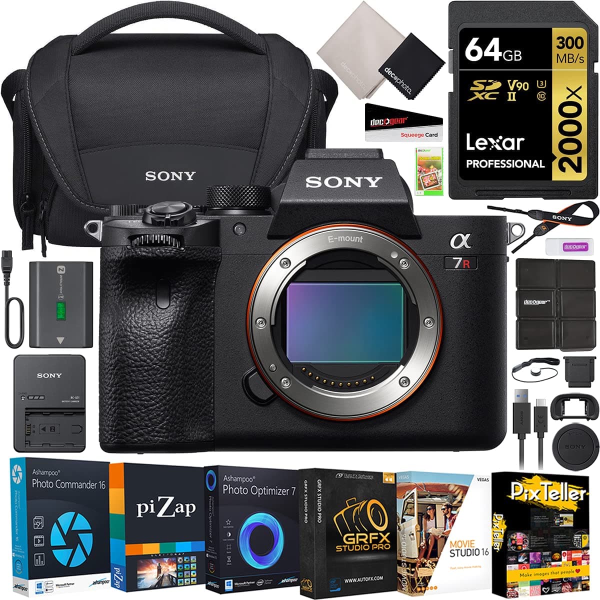 Sony Alpha a7R IV ILCE-7RM4A/B Cámara Mirrorless Full Frame cuerpo - Versión Nueva - Bundle con Estuche Sony LCSU21 + Tarjeta Lexar 2000x 64GB + Kit de Software Foto/Video + Accesorios Deco Gear E8SNILCE7RM4AB