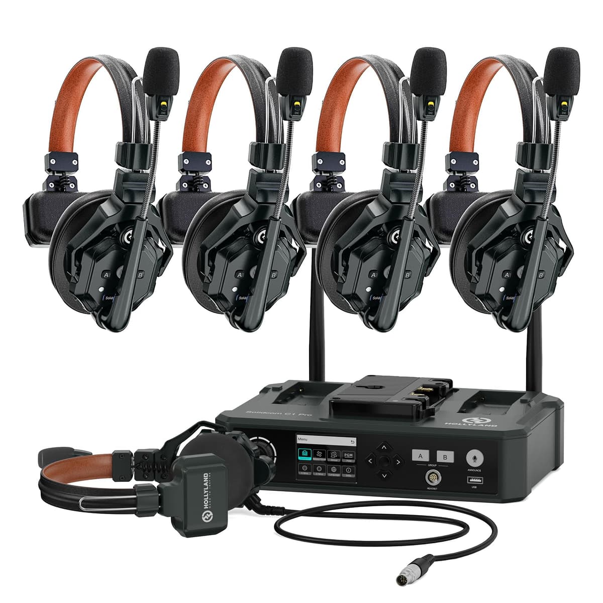 HollyView Solidcom C1 PRO 4S HUB Intercom Inalámbrico con Cancelación de Ruido para 5 Personas, Full-Dúplex 1.9GHz, Alcance 1100 ft, Grupos AB, PTT, Mute, Expandible, Headset para Iglesia Drones TV Cine (G-Mount)