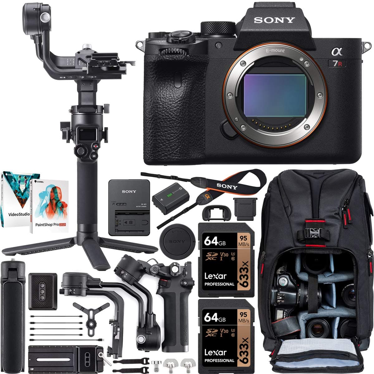 Sony a7R IV ILCE-7RM4A/B Cámara Mirrorless Full-Frame cuerpo, Kit Cineasta con gimbal DJI RSC 2 estabilizador 3 ejes, mochila Deco Photo, software y accesorios E78SNILCE7RM4AB