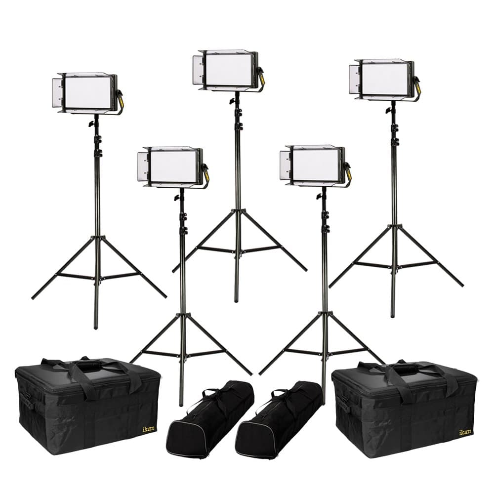 Ikan Lyra LB5-5PT-KIT Panel de Luz Suave Bicolor 3200K-5600K (5) 1/2 Kit de Iluminación con Placa de Batería Gold y V-Mount, Puertas de Barn, Trípodes y Estuche Incluido - Negro