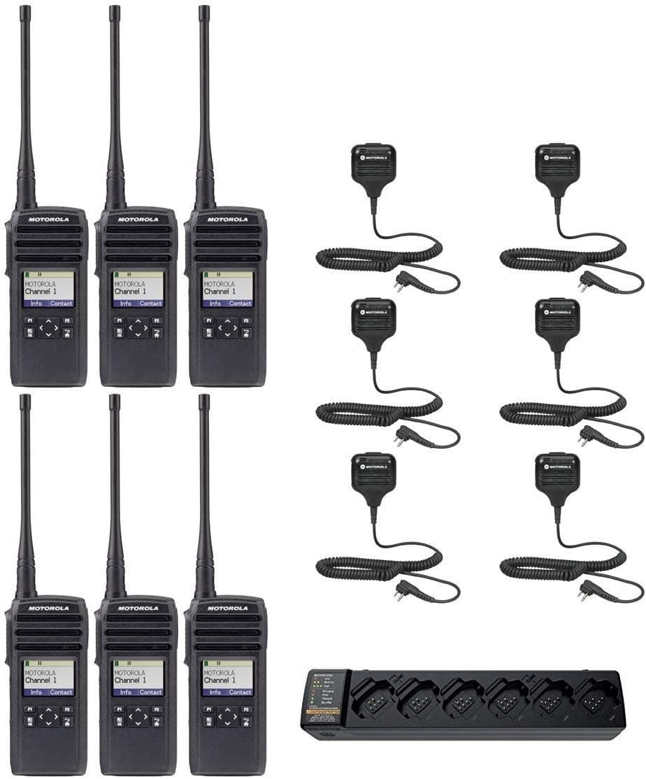 SR-Moto DTR700 Radio Digital Bidireccional 900MHz 50 Canales 1W sin Licencia con Micrófono HKLN4606 y Cargador Múltiple PMPN4465 (Pack de 6) DTR700-HKLN4606-PMPN4465-QTY6