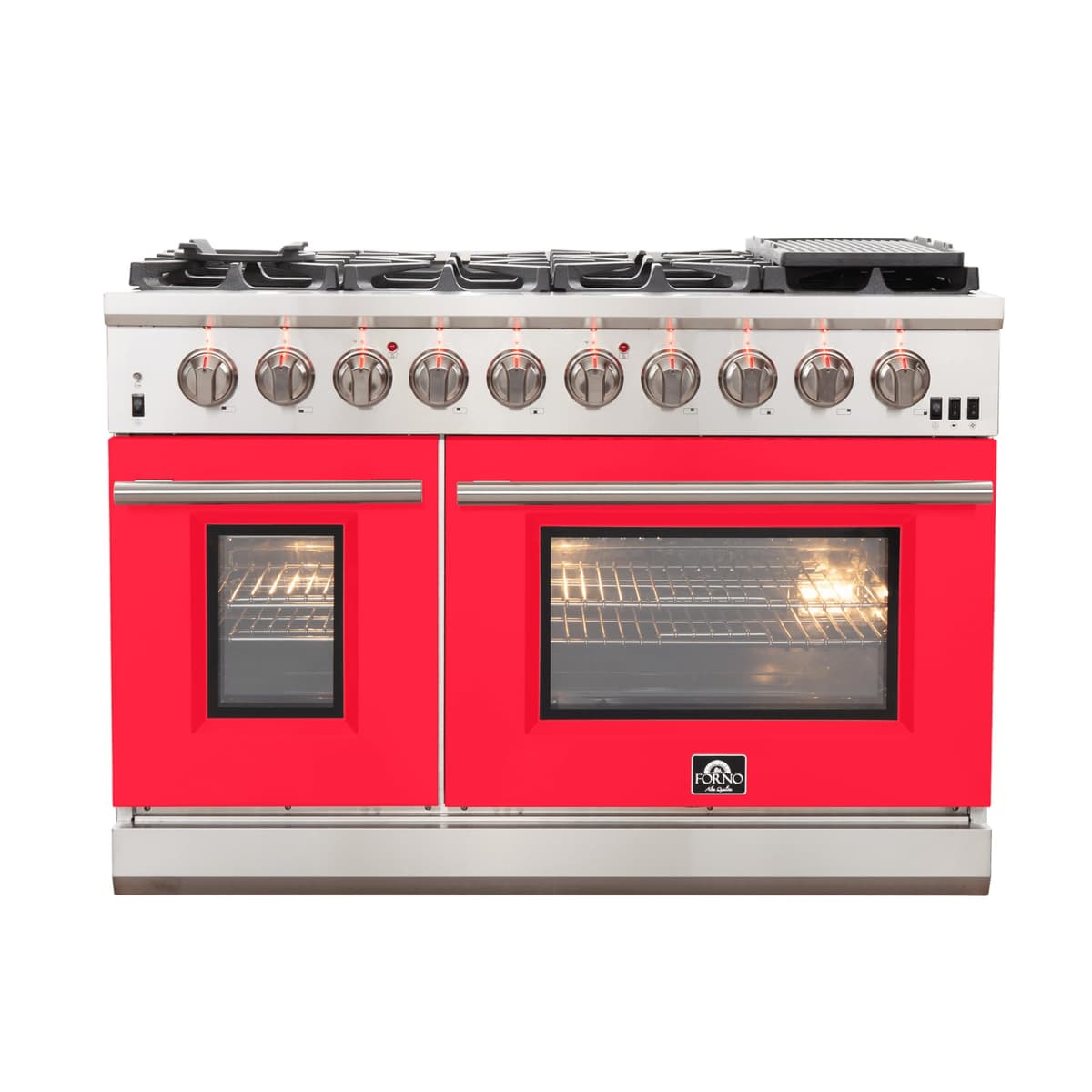 FORNO Capriasca 321074302 Cocina a gas 48" independiente, 8 quemadores sellados, doble horno de convección a gas 6.58 cu ft, parrillas de hierro fundido pesado, acero inoxidable, color rojo