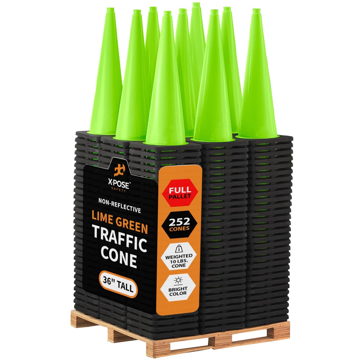 Xpose Safety LTC36-FP252-X Conos de Tráfico 36" Verde Limón, Pack de 252 - Cono de Seguridad de PVC Premium para Estacionamiento, Precaución, Construcción, Cuadrillas Viales, Vehículos de Emergencia - Cumple MUTCD - Aprobado por DOT