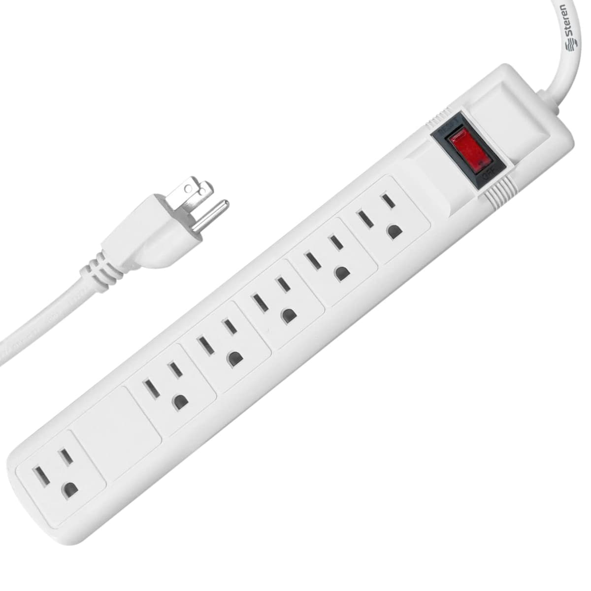 STEREN 905-105 - Protector de Sobretensión con 6 Tomas AC de 90° y Cable de 3.5 ft, Multicontacto para Hogar y Oficina, 150 Joules, Certificación cUL, Color Blanco