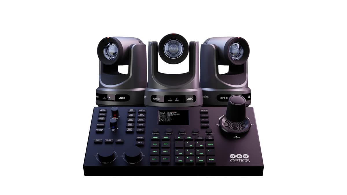 PTZOptics Producer PT20X4K-PRODUCER-SJOY | Bundle 4K de 3 cámaras PoE+ con auto-seguimiento integrado, NDI HX3 nativo y entrada de audio 3.5 mm para incrustación de audio