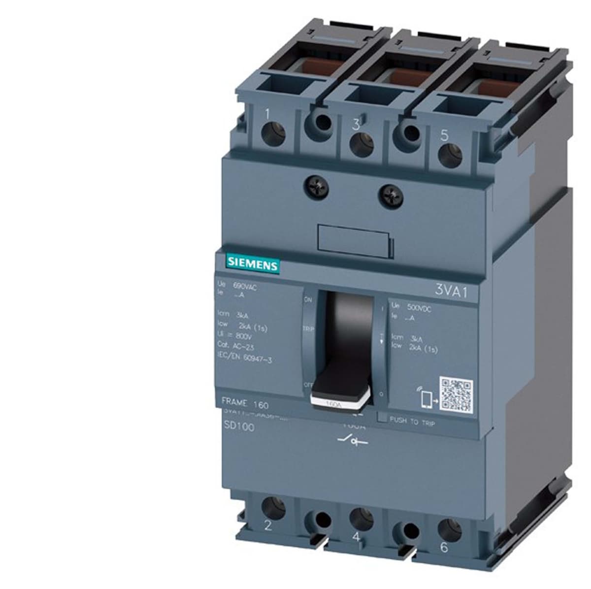 Siemens 3VA1163-4EF36-0AA0 Interruptor Automático Clase de Capacidad de Corte 160, Blanco, Disyuntor, Protección Eléctrica, Industrial, 3VA1