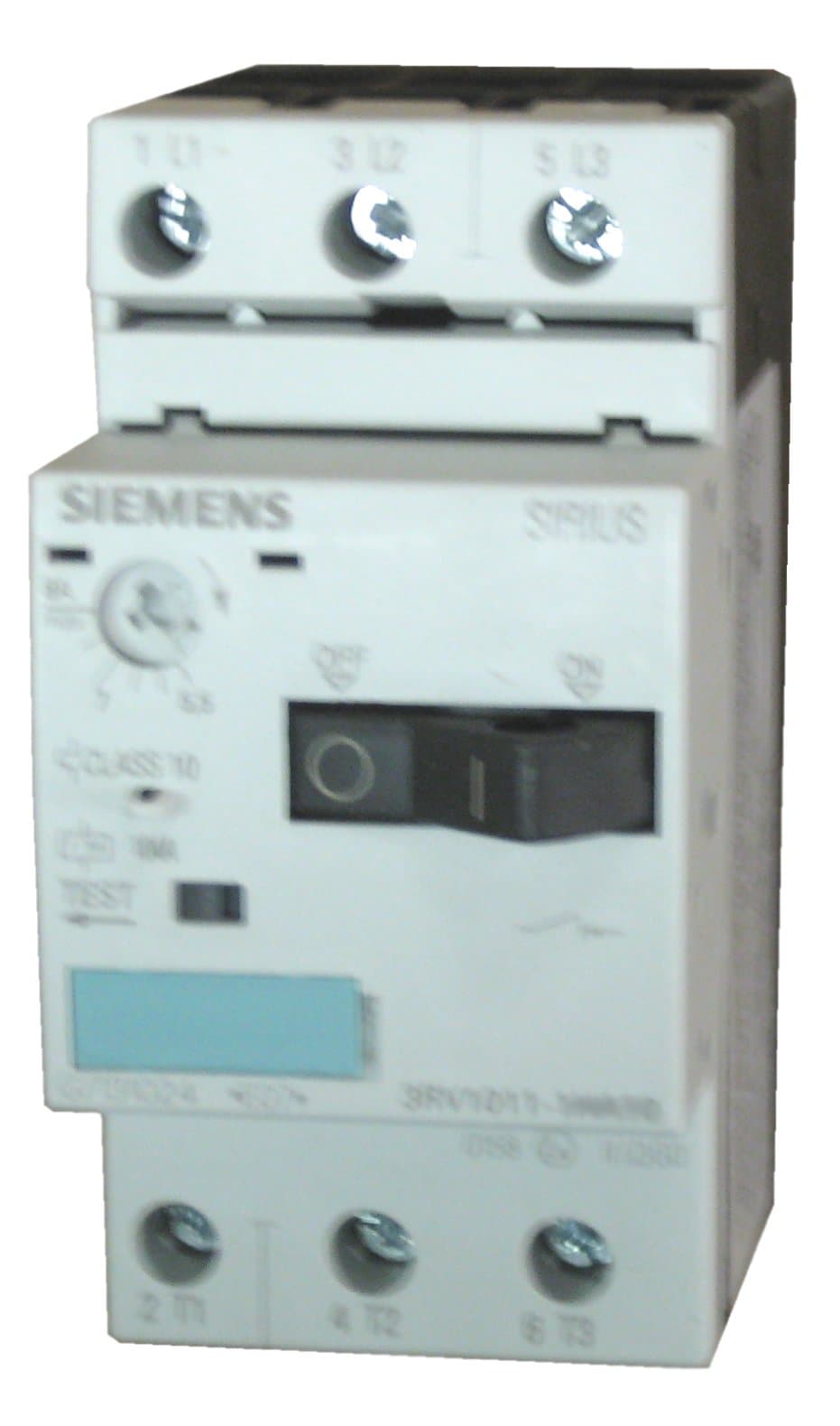 SIEMENS 3RV1011-0AA10 Protector de Arranque de Motor, conexión por tornillo, tamaño de marco 3RV101, rango de ajuste 0.11-0.16 A FLA, disparo instantáneo 2.1 A, capacidad de corte UL 65 kA a 480 V, protección contra cortocircuito y sobrecarga, para motores industriales