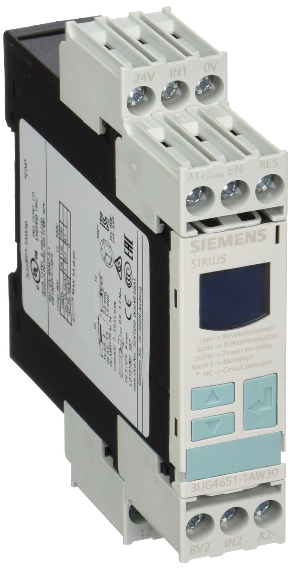 SIEMENS 3UG46511AW30 Relé de Monitoreo de Velocidad, Bornes a Tornillo, Rango 0.1-2200 rpm, Histéresis 0.1-99.9 rpm, Retardo de Encendido 0-900 s, Retardo de Disparo 0.1-99.9 s, 1-10 Pulsos por Revolución, Alimentación 24-240 VAC/VDC