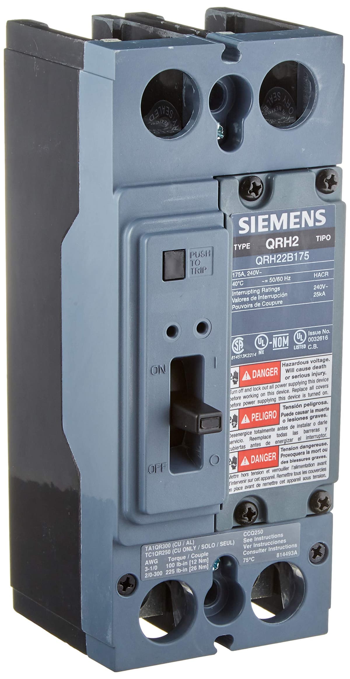 Siemens QR US2:QRH22B175 - Interruptor Termomagnético, 2 Polos, 175A, 25kA, Tipo QR, Disyuntor, Breaker Industrial