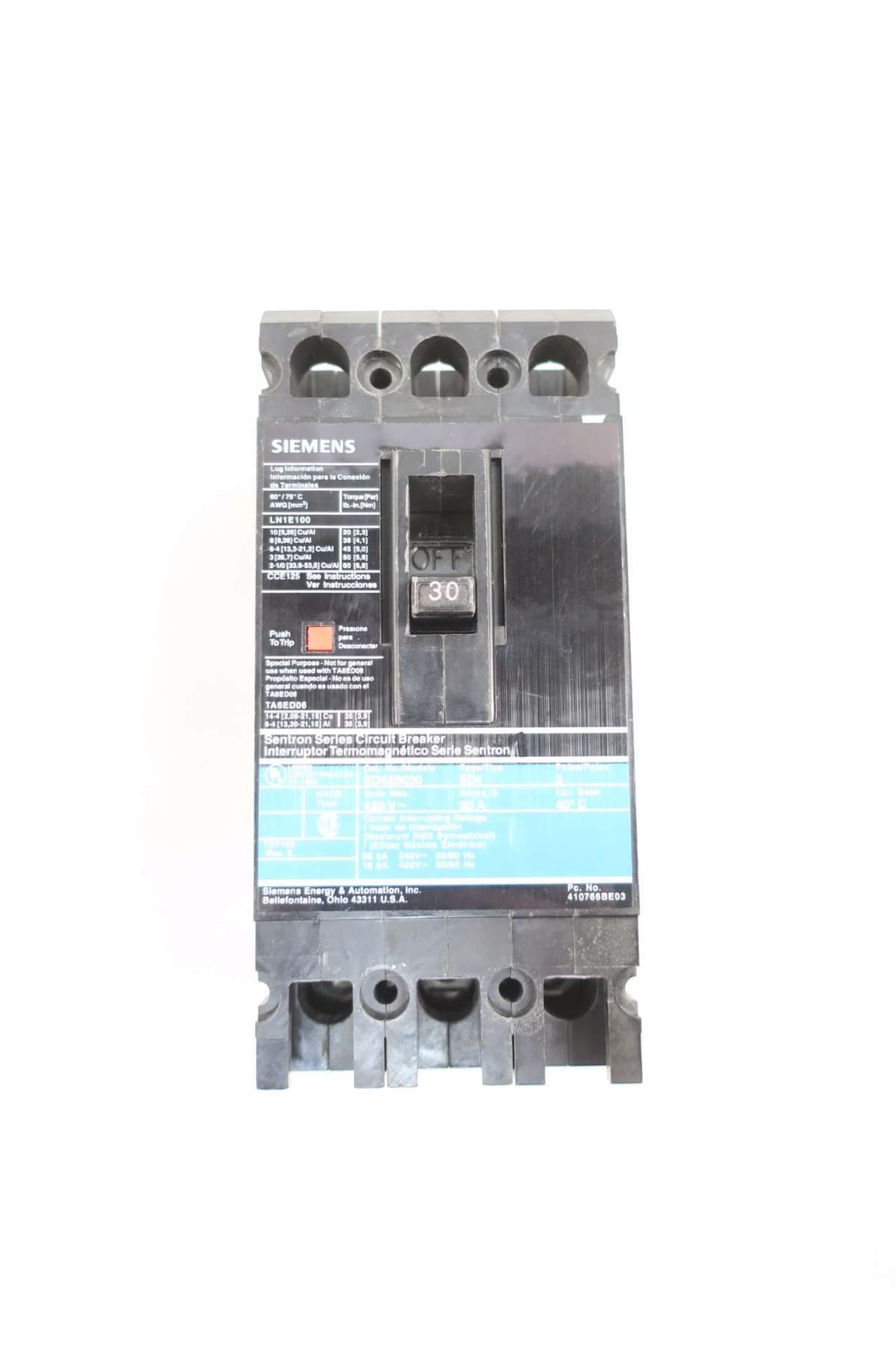SIEMENS ED43B030 D579431 - Interruptor Termomagnético 3 Polos 30A 480V AC, Caja Moldeada, Breaker MCCB D579431-ED43B030