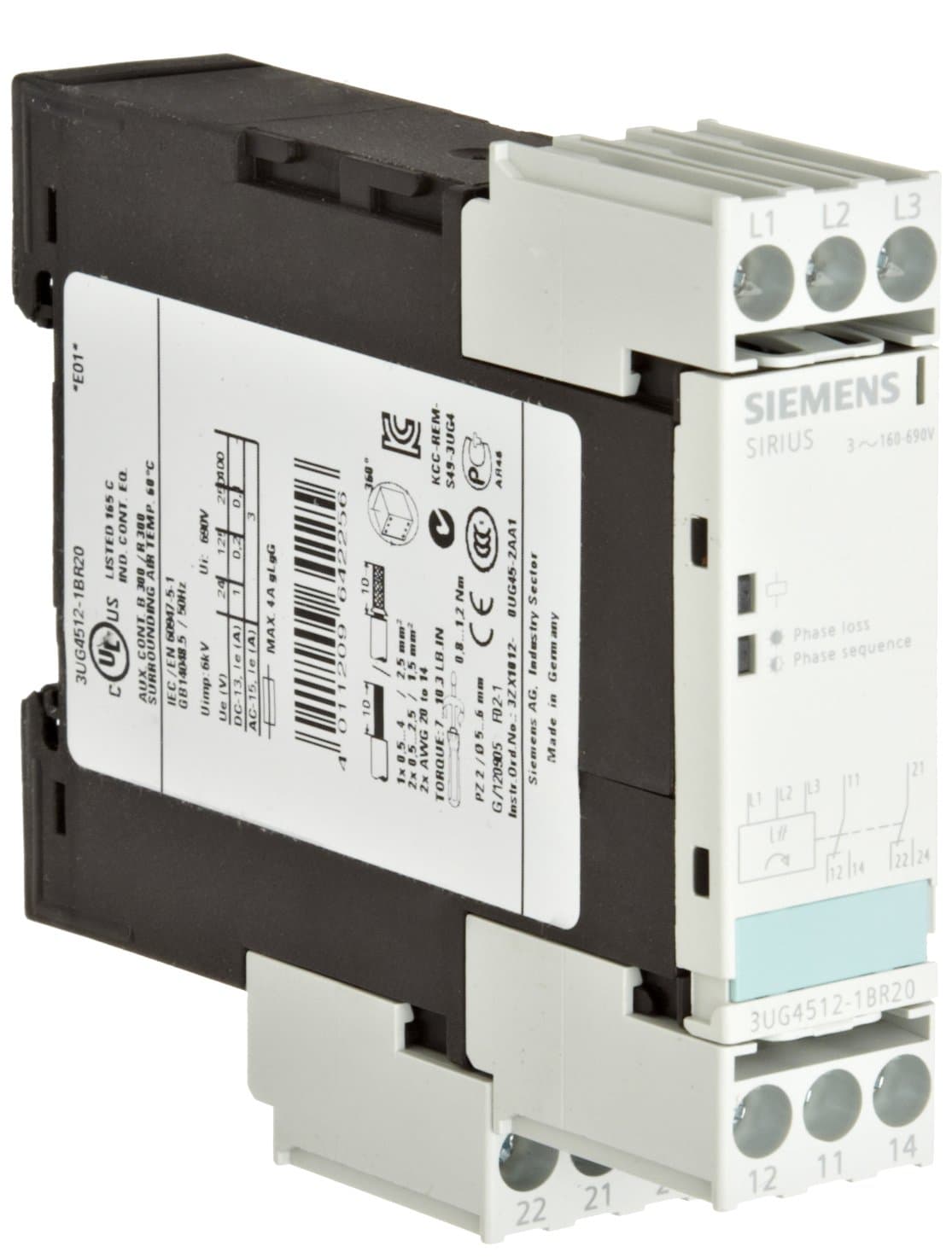 SIEMENS 3UG4512-1BR20 Relé de Monitoreo Trifásico, Tensión de Línea 160-690 V, Monitoreo de Aislamiento, 2 Contactos CO, Retardo Ajustable, Ancho 22.5 mm, Terminal de Tornillo