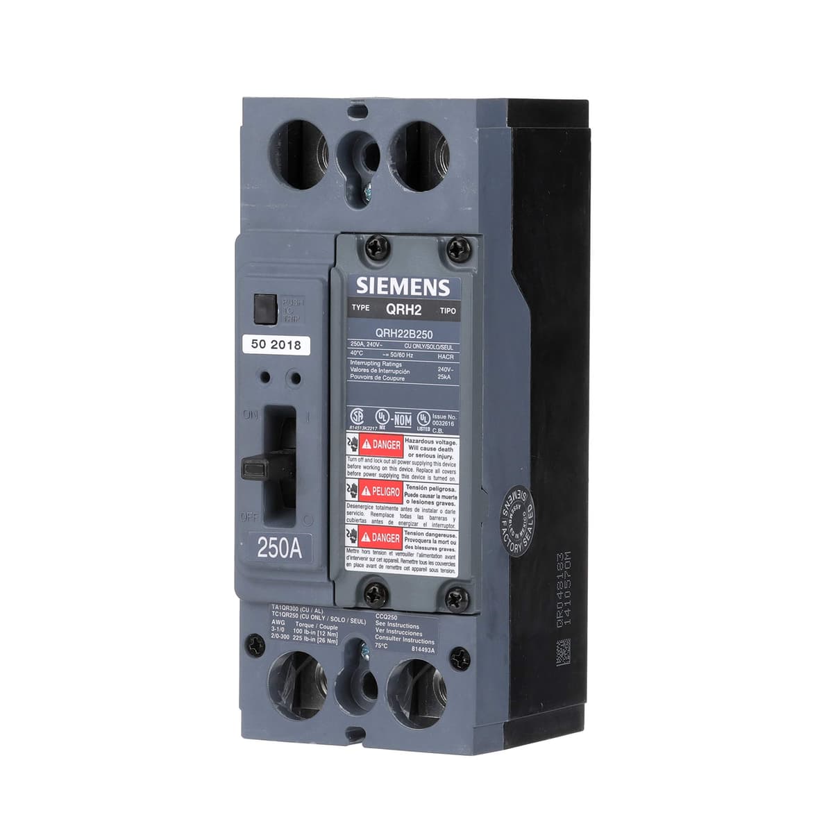 SIEMENS QR US2:QRH22B250L Interruptor automático 2 polos 250 A 25 kA tipo QR con zapatas (circuit breaker)