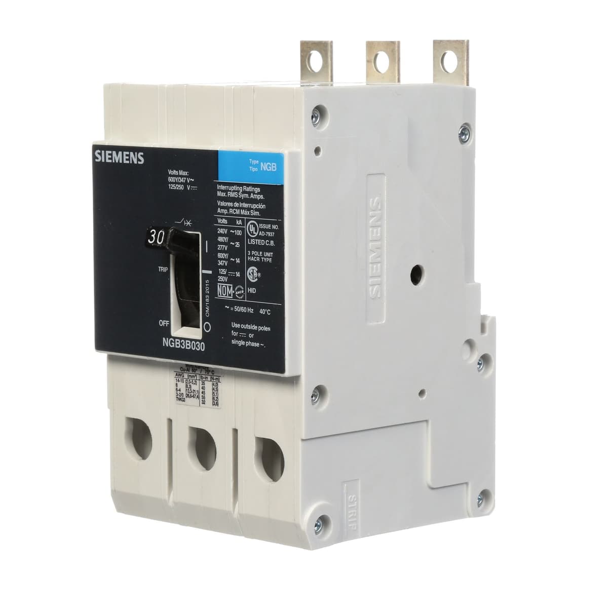 SIEMENS NGB3B030B SIENGB3B030B - Interruptor Termomagnético 3 Polos 30A 600V, Negro, CB, Breaker industrial