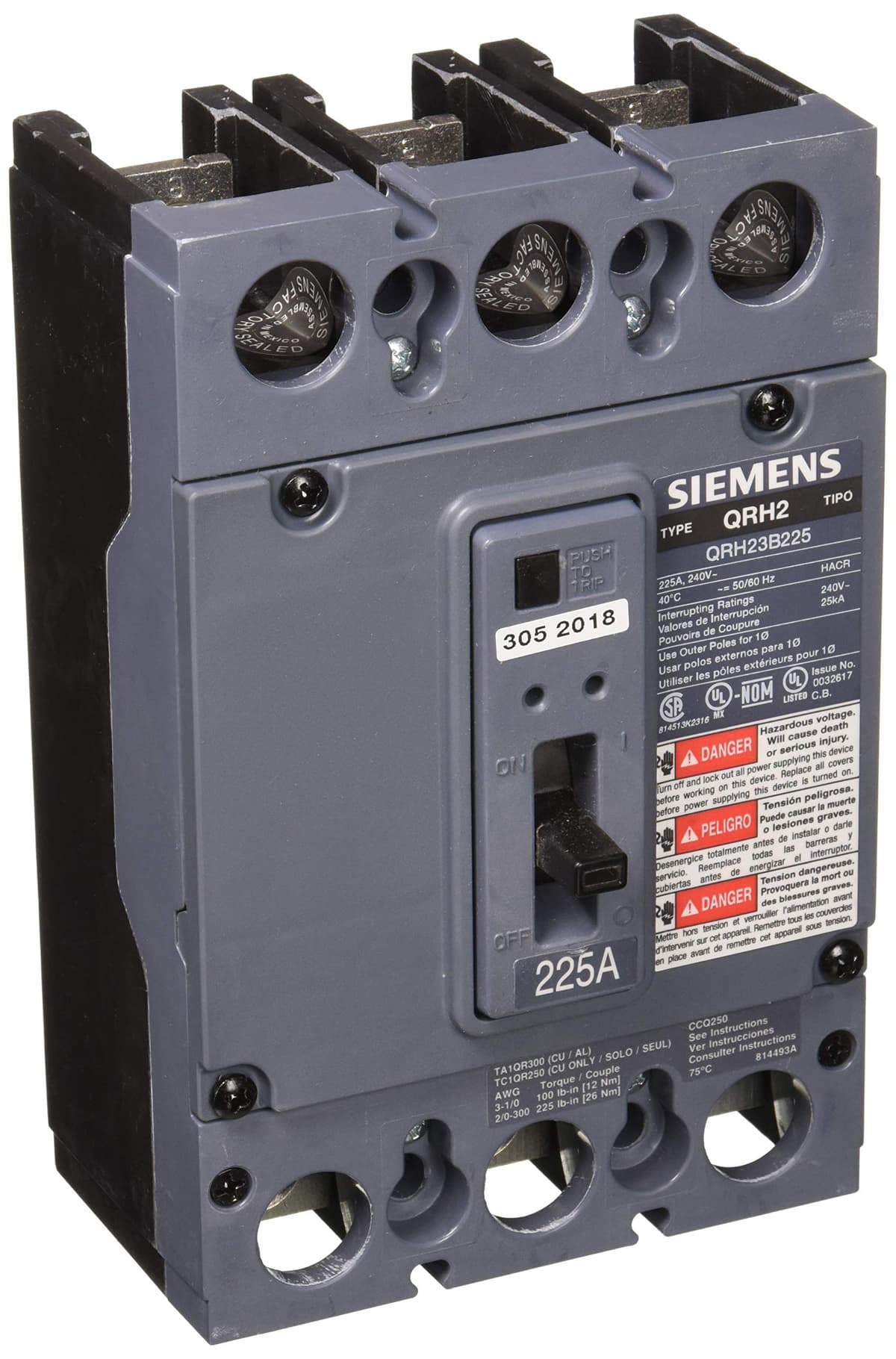 SIEMENS QR US2:QRH23B225 Interruptor Termomagnético 3 Polos 225A 25kA Tipo QR Breaker Circuito